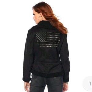 Sheryl Crow Americana Studded Faux Suede Sherpa Moto Black Jacket Plus Size 2X